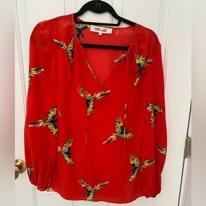 DIANE VON FURSTENBERG Bird Print Silk Blouse Candy Red